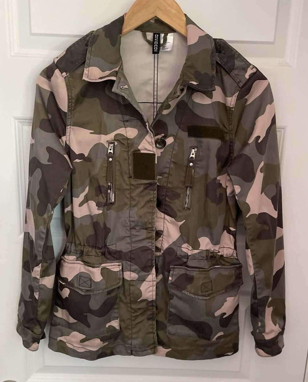 H&M Camo Fatigue Field Jacket Womens Sz 4 Pink Green Gray Black